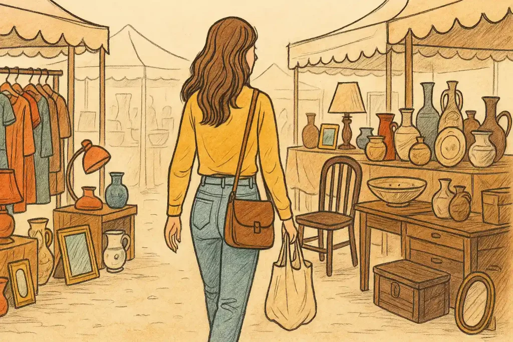 A woman wearing jeans is walking over the flea market with various items standing around.