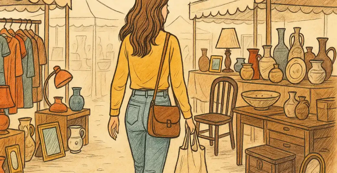 A woman wearing jeans is walking over the flea market with various items standing around.