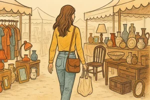 A woman wearing jeans is walking over the flea market with various items standing around.