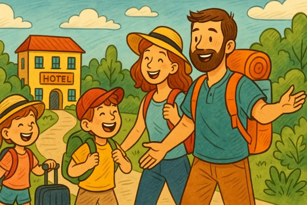 A family with two kids stands in front of the hotel, ready to enjoy their vacation.