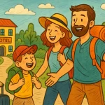 A family with two kids stands in front of the hotel, ready to enjoy their vacation.