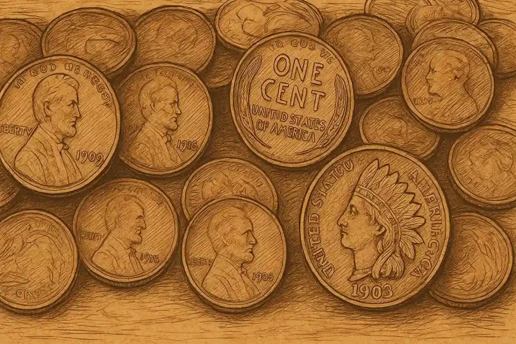 Old US pennies are lying on the wooden desk.