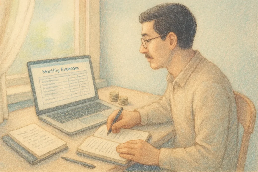 A coin collector reviews monthly expenses and plans a budget.