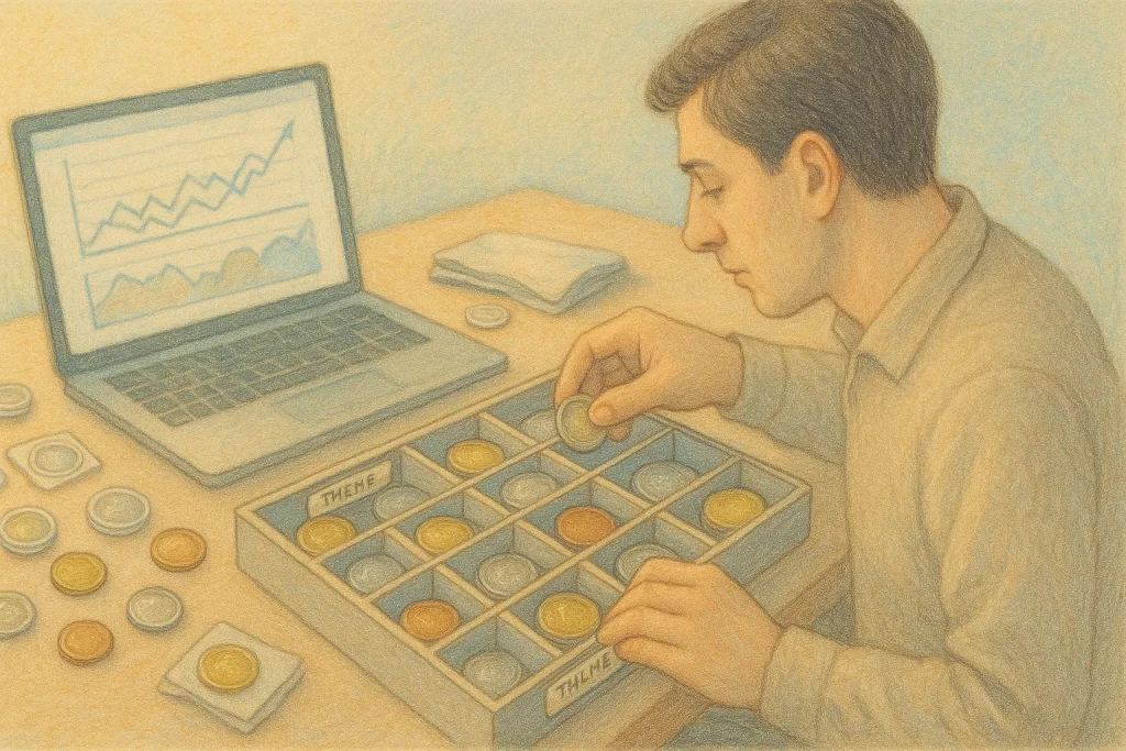  A collector organizes coins by theme in his coin collection.