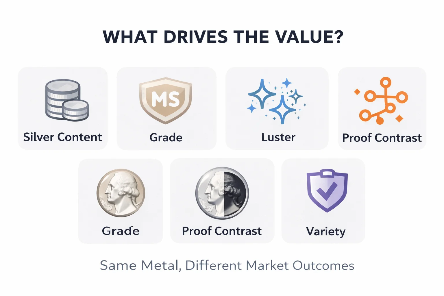 Infographic showing key value factors for a 1958 silver quarter, such as silver content, grade, luster, proof contrast, variety, and preservation.